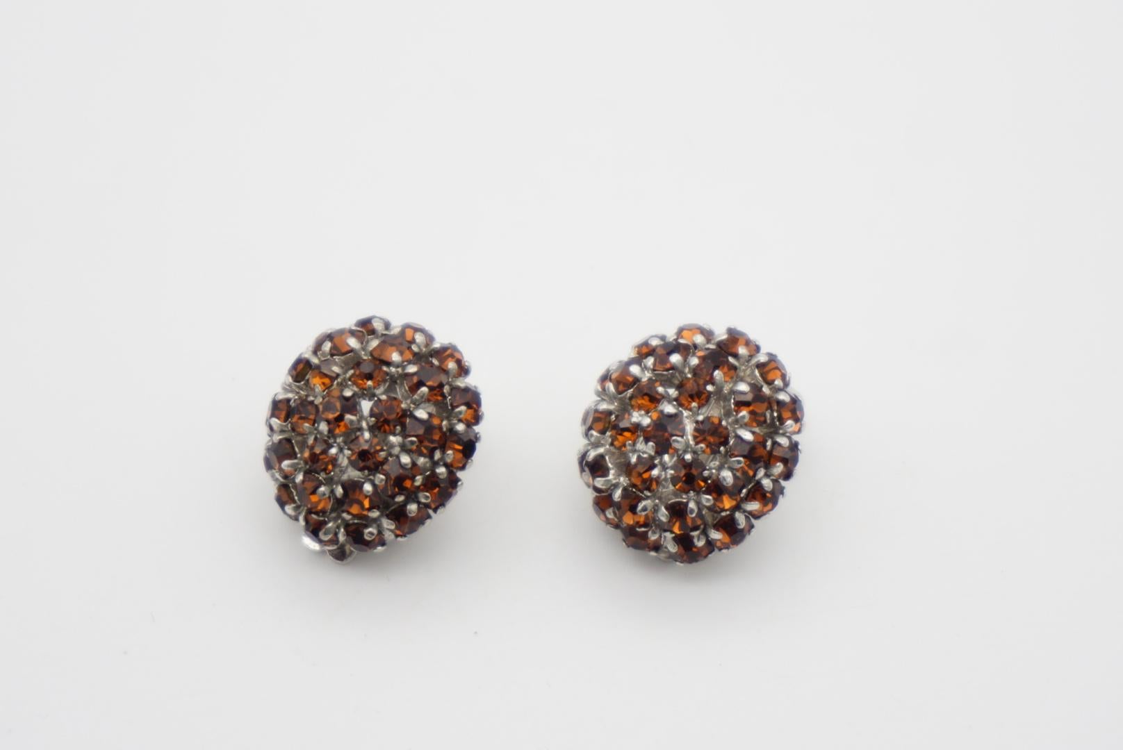 Christian Dior 1960 Amber Shining Crystals Round Cluster Silver Clip Earrings  For Sale 3
