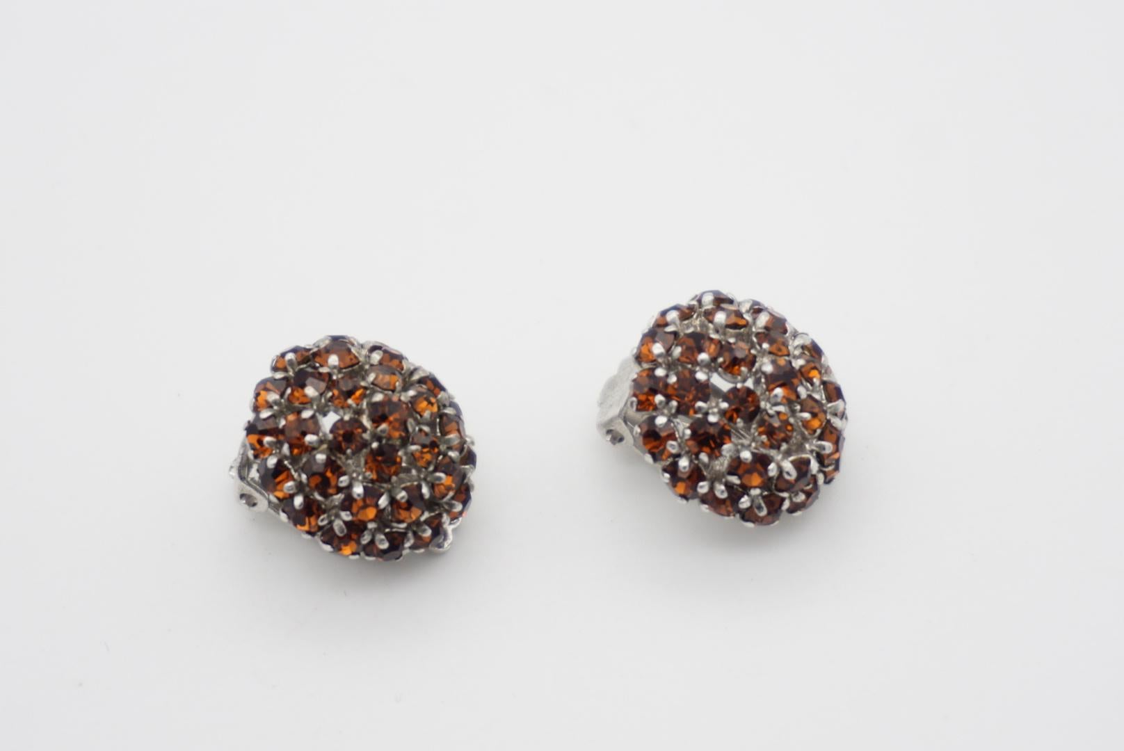 Christian Dior 1960 Amber Shining Crystals Round Cluster Silver Clip Earrings  For Sale 4