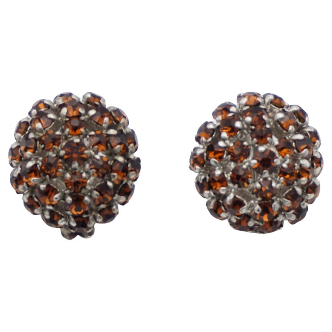 Christian Dior 1960 Amber Shining Crystals Round Cluster Silver Clip Earrings  For Sale