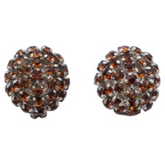 Retro Christian Dior 1960 Amber Shining Crystals Round Cluster Silver Clip Earrings 