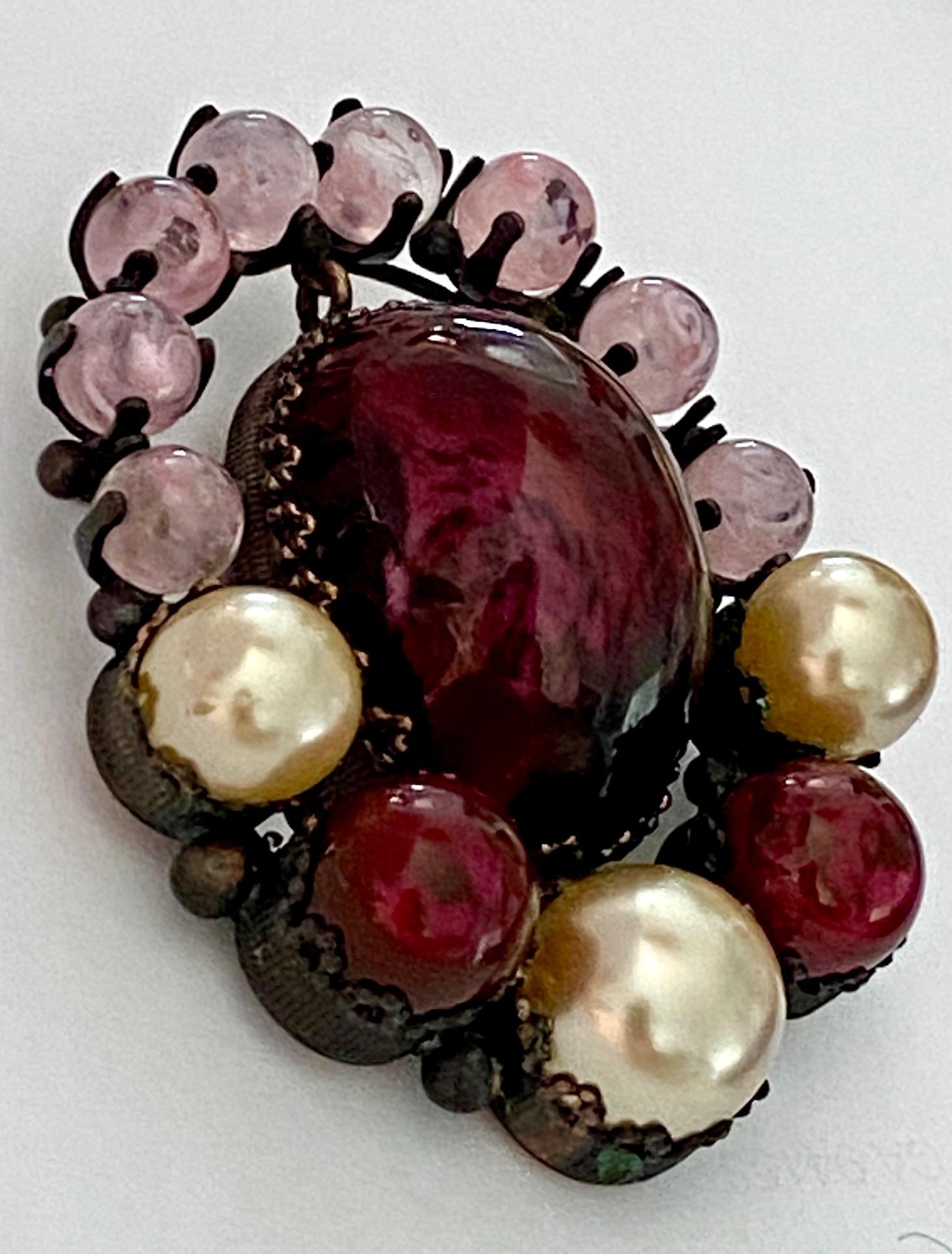 Christian Dior 1960 Red, Pink & Pearl Cabochon Brooch, by Roger Scemama In Good Condition In New York, NY