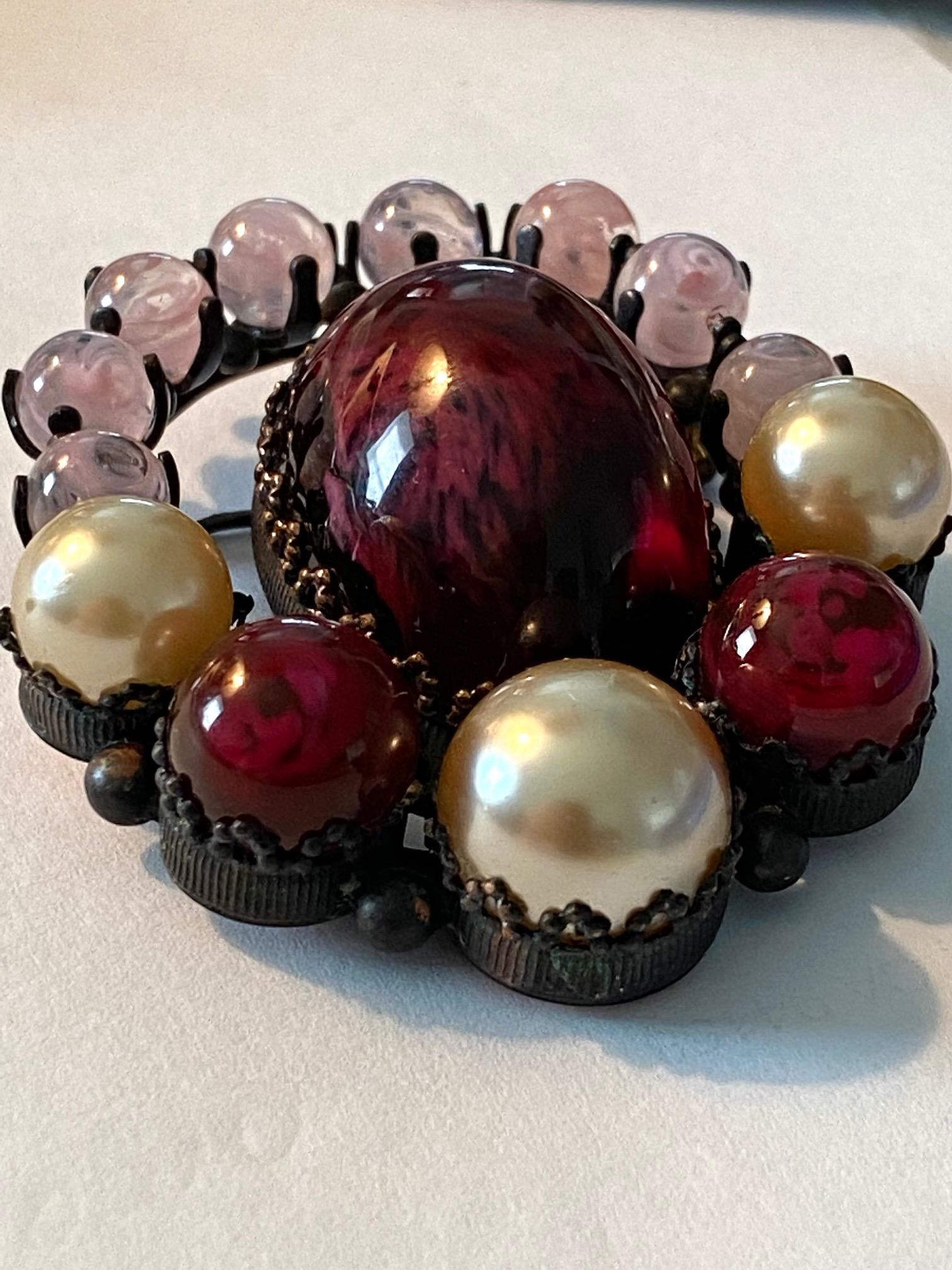 Women's or Men's Christian Dior 1960 Red, Pink & Pearl Cabochon Brooch, by Roger Scemama