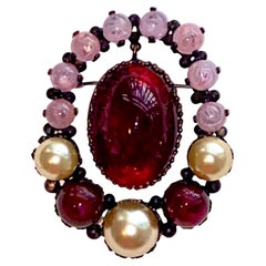 Christian Dior 1960 Red, Pink & Pearl Cabochon Brooch, by Roger Scemama
