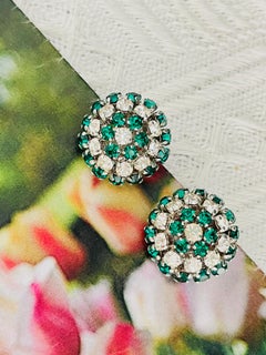 Christian Dior 1960 Vintage Green Crystals Emerald Clear Openwork Domed Earrings