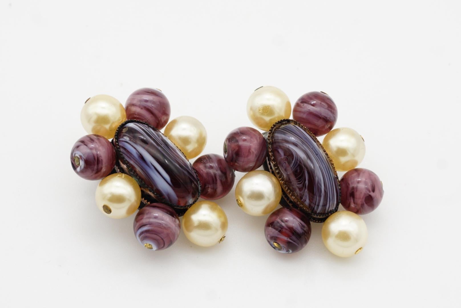 Christian Dior 1960 Vintage Oval Ball Purple Marble Floral White Pearl Earrings For Sale 5