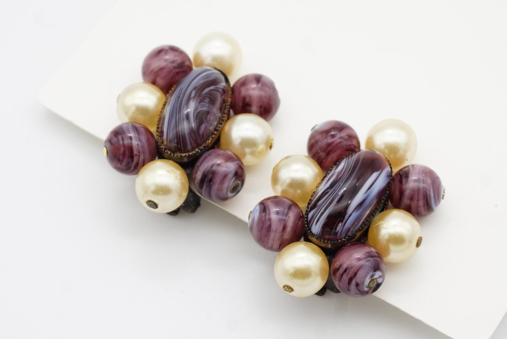 Christian Dior 1960 Vintage Oval Ball Purple Marble Floral White Pearl Earrings For Sale 6