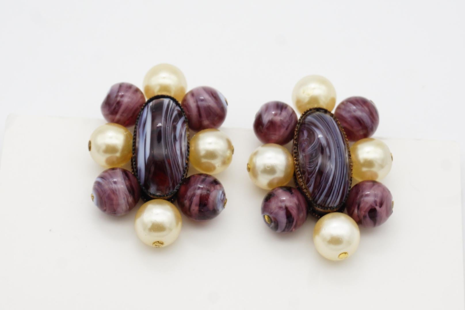 Christian Dior 1960 Vintage Oval Ball Purple Marble Floral White Pearl Earrings For Sale 7