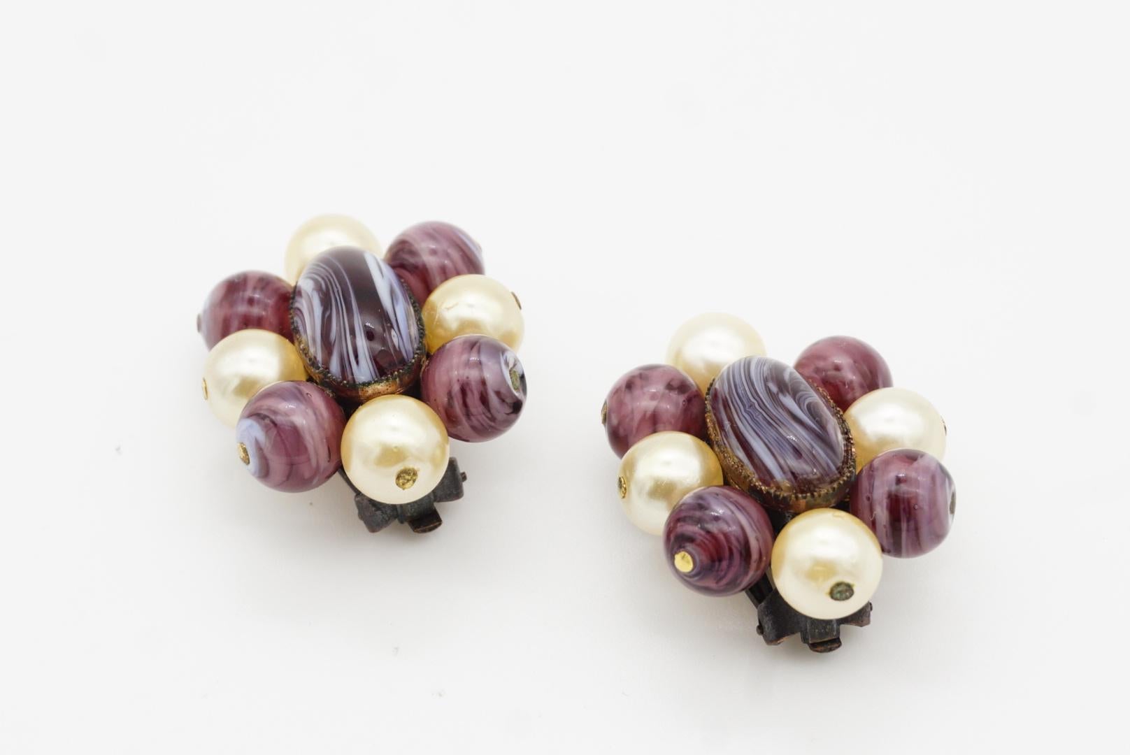 Christian Dior 1960 Vintage Oval Ball Purple Marble Floral White Pearl Earrings For Sale 8