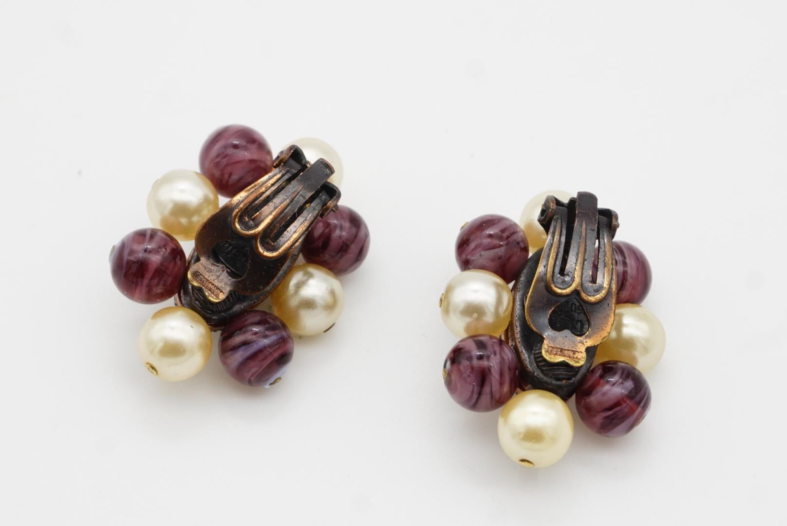 Christian Dior 1960 Vintage Oval Ball Purple Marble Floral White Pearl Earrings For Sale 9