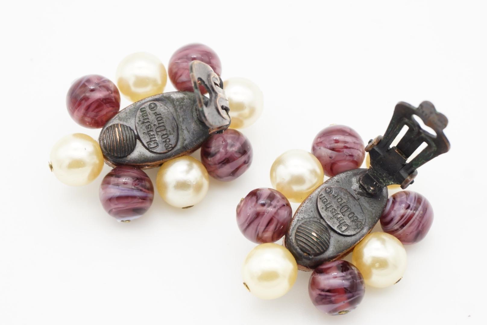 Christian Dior 1960 Vintage Oval Ball Purple Marble Floral White Pearl Earrings For Sale 10