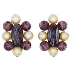 Christian Dior 1960 Vintage Oval Ball Purple Marble Floral White Pearl Earrings
