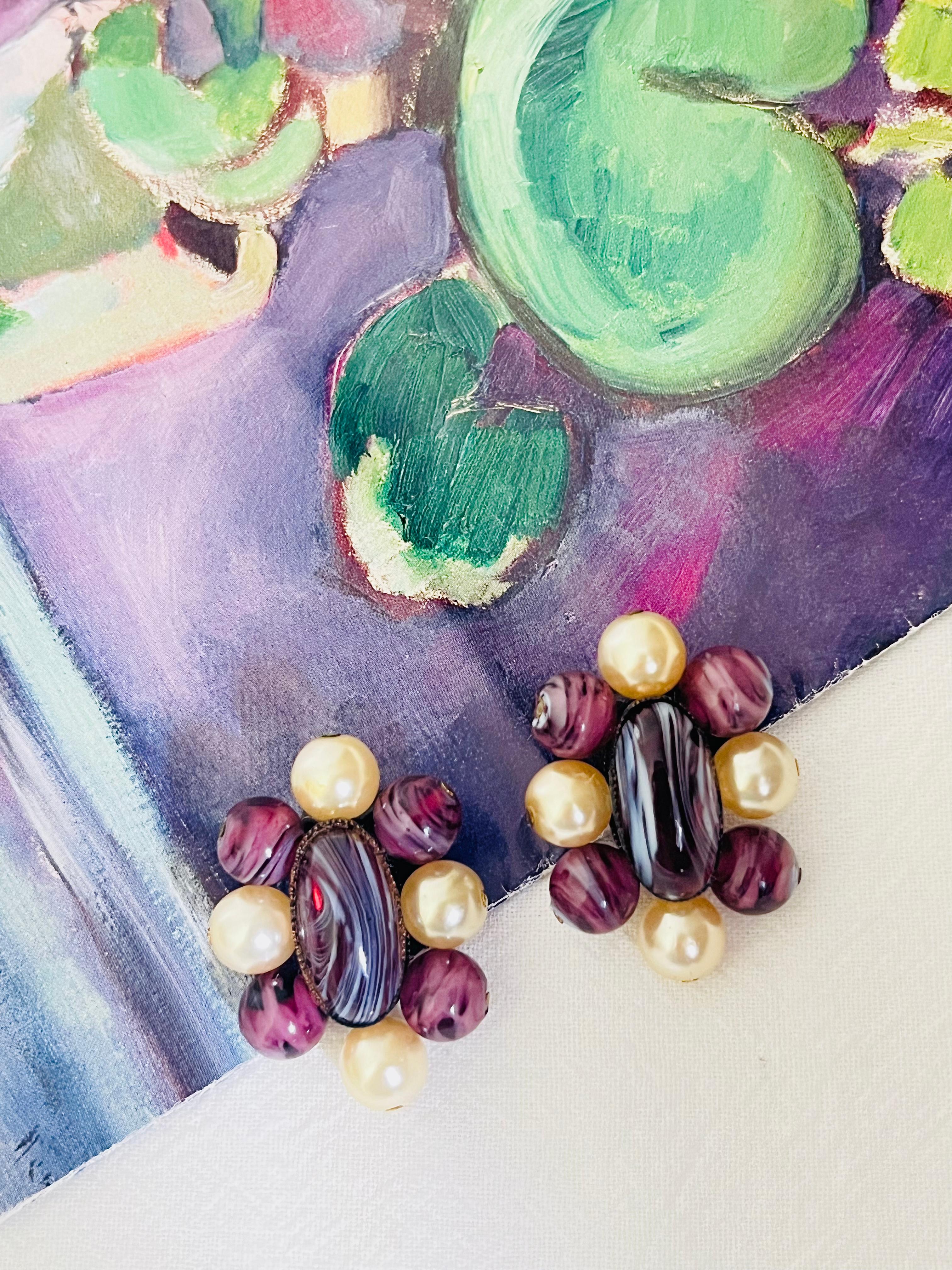 Art Deco Christian Dior 1960 Vintage Oval Ball Purple Marble Floral White Pearl Earrings For Sale