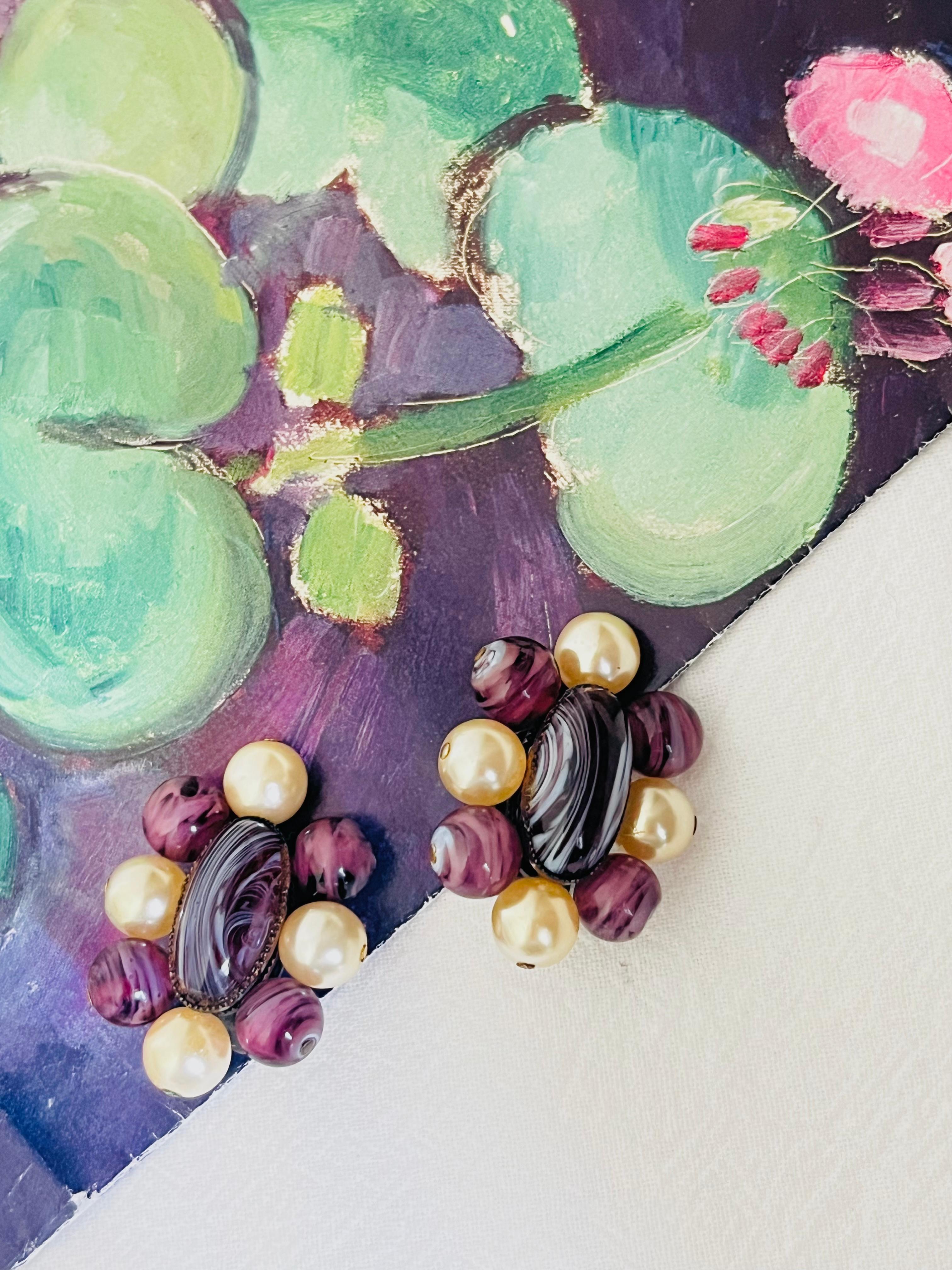 Christian Dior 1960 Vintage Oval Ball Purple Marble Floral White Pearl Earrings In Excellent Condition For Sale In Wokingham, England