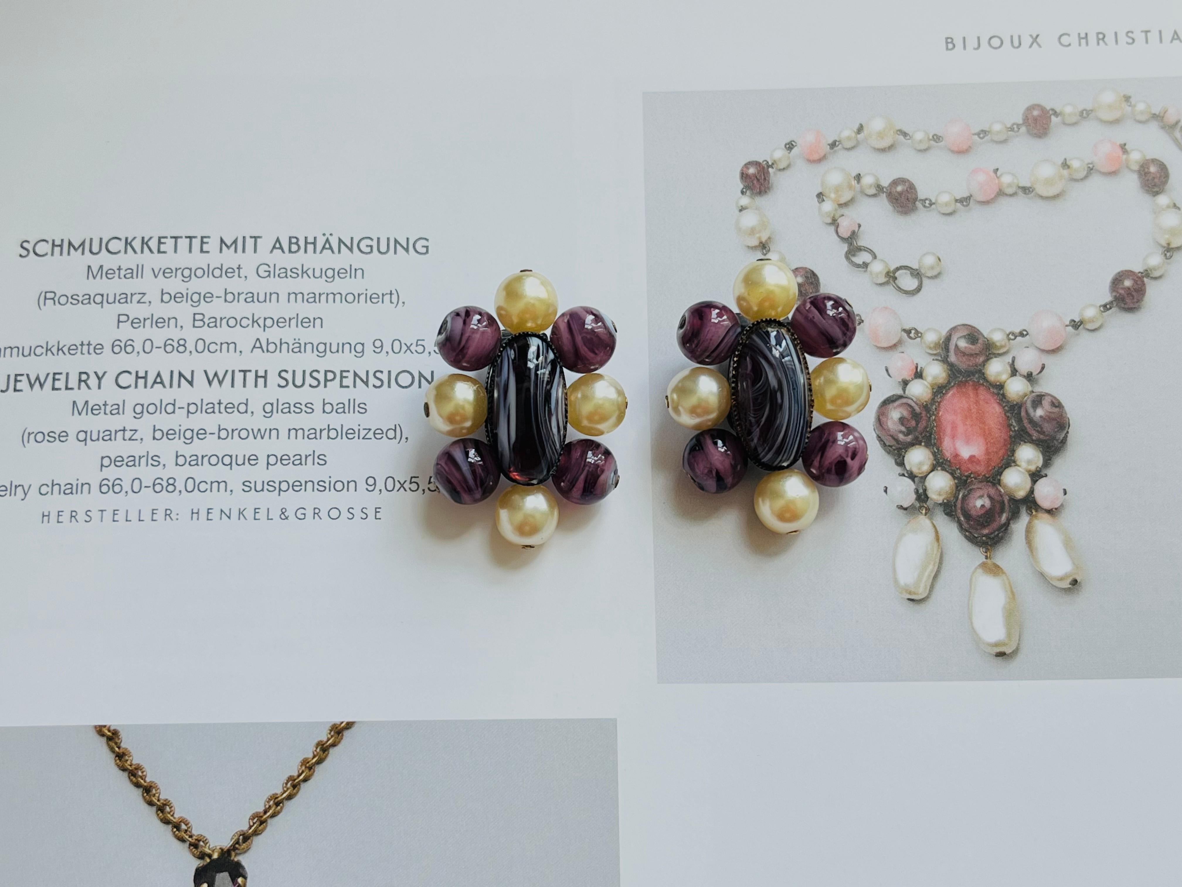 Christian Dior 1960 Vintage Oval Ball Purple Marble Floral White Pearl Earrings In Excellent Condition For Sale In Wokingham, England