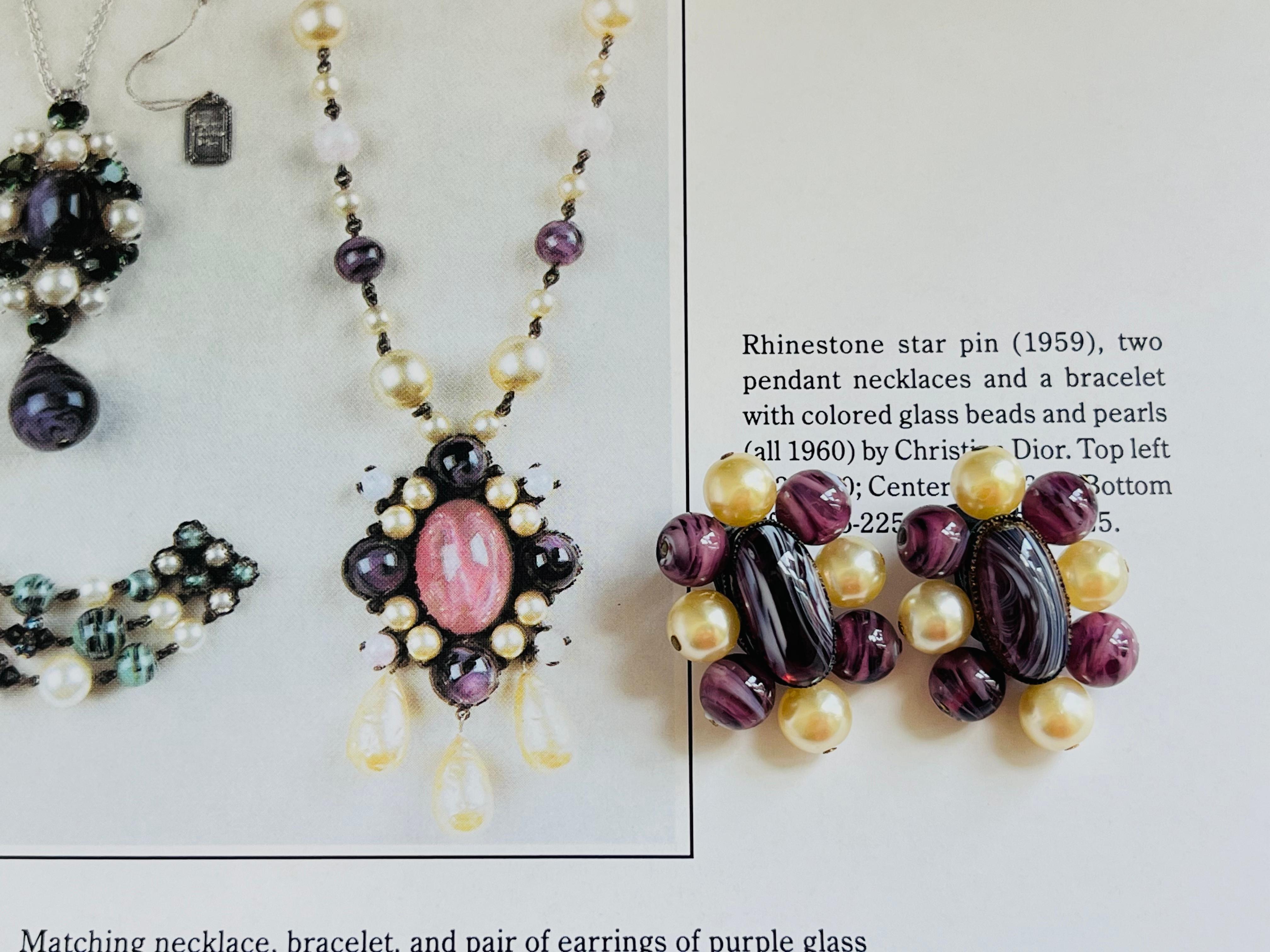 Women's or Men's Christian Dior 1960 Vintage Oval Ball Purple Marble Floral White Pearl Earrings For Sale