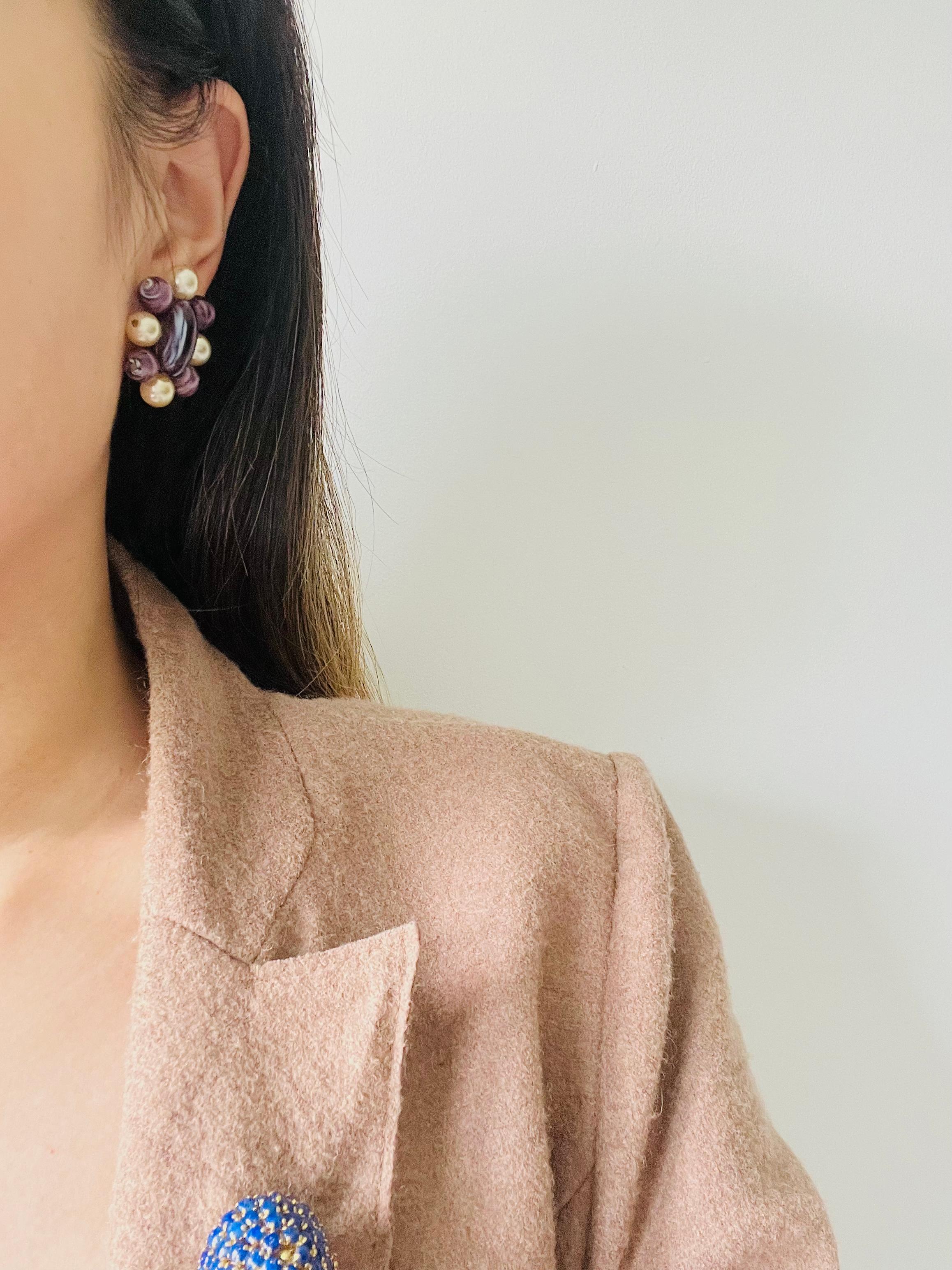 Christian Dior 1960 Vintage Oval Ball Purple Marble Floral White Pearl Earrings For Sale 1