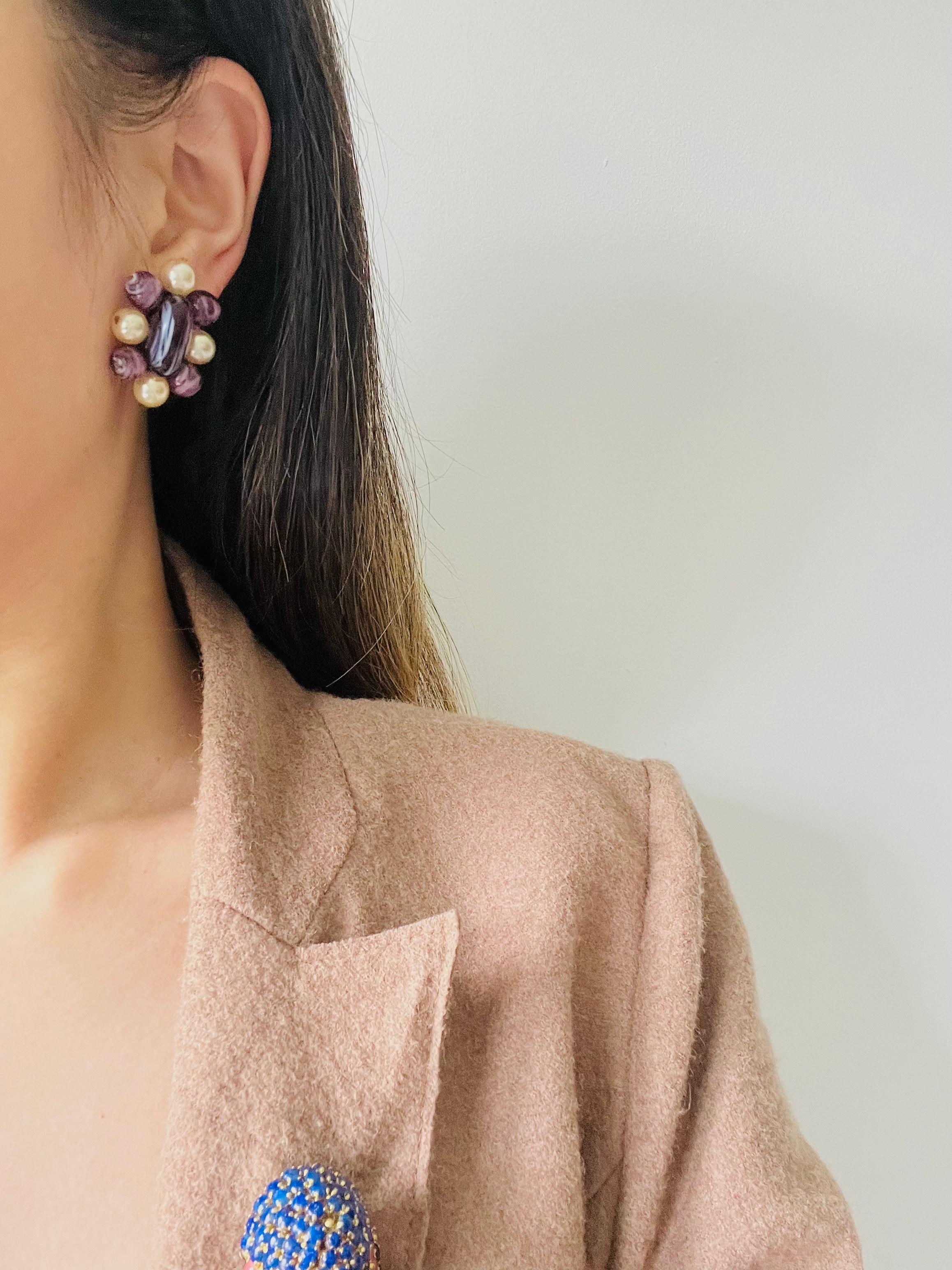 Christian Dior 1960 Vintage Oval Ball Purple Marble Floral White Pearl Earrings For Sale 2
