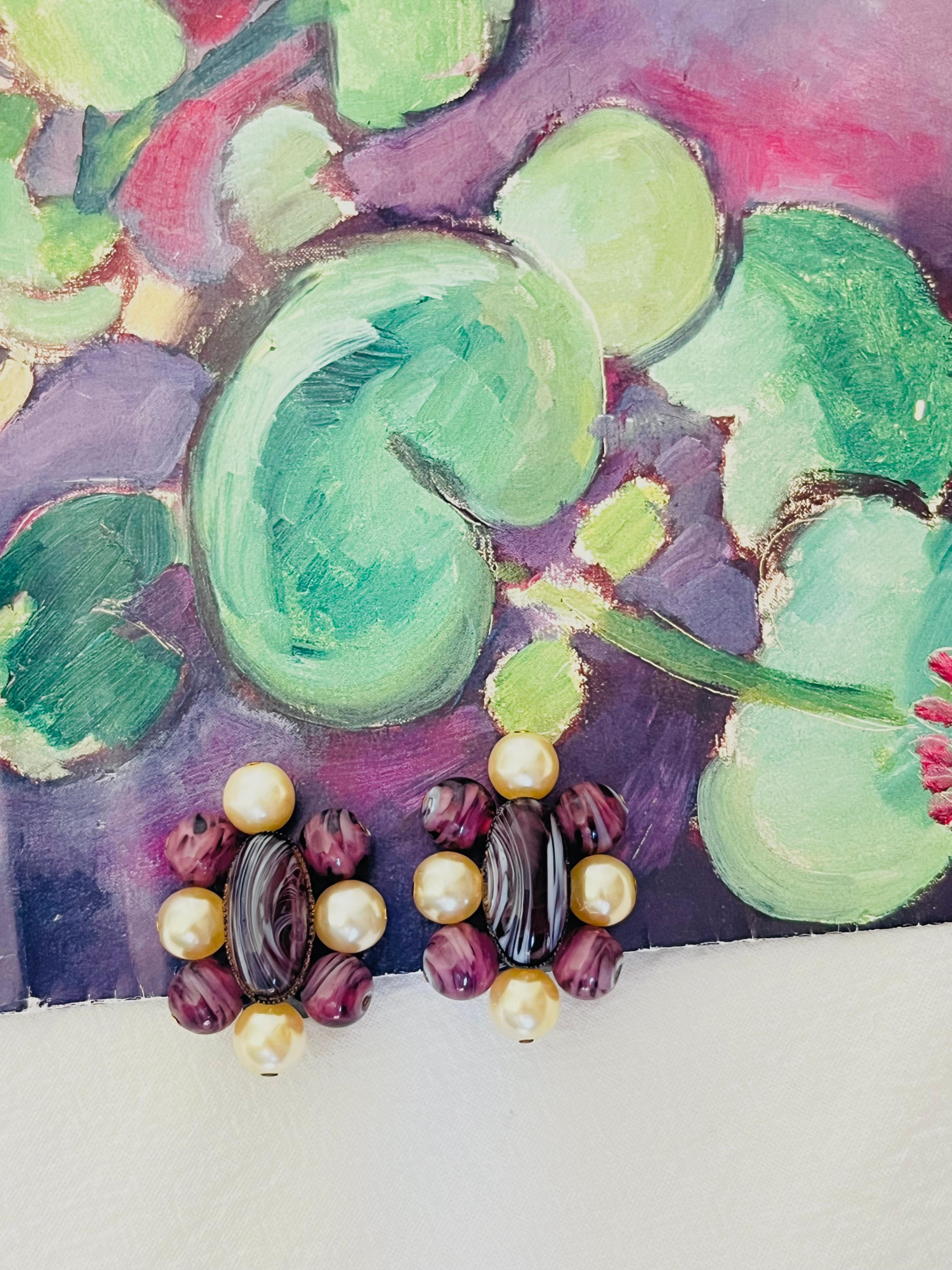 Christian Dior 1960 Vintage Oval Ball Purple Marble Floral White Pearl Earrings For Sale 2