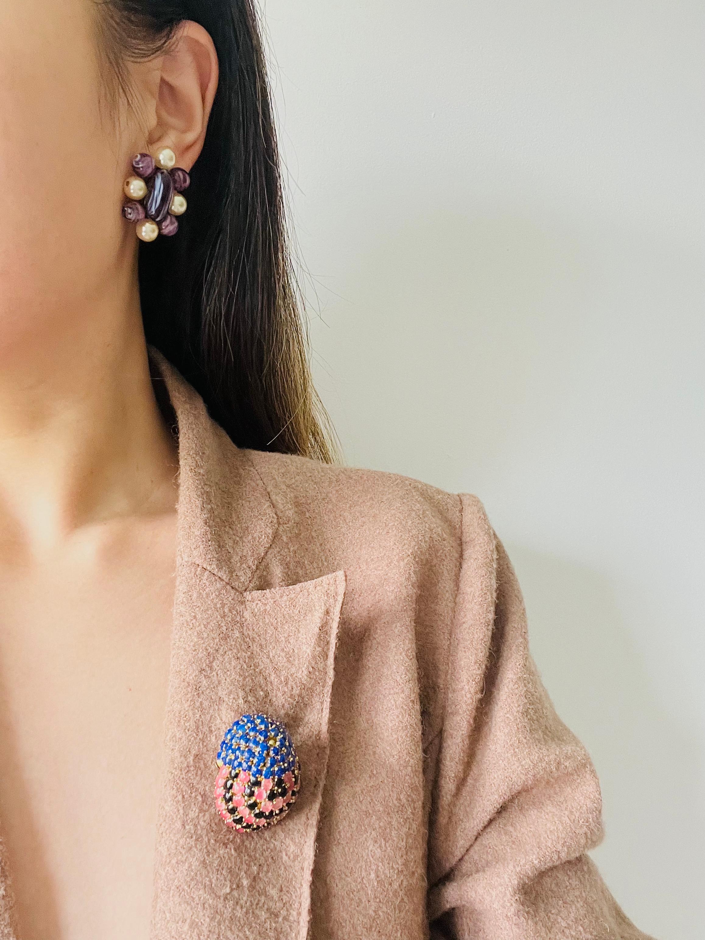 Christian Dior 1960 Vintage Oval Ball Purple Marble Floral White Pearl Earrings For Sale 3