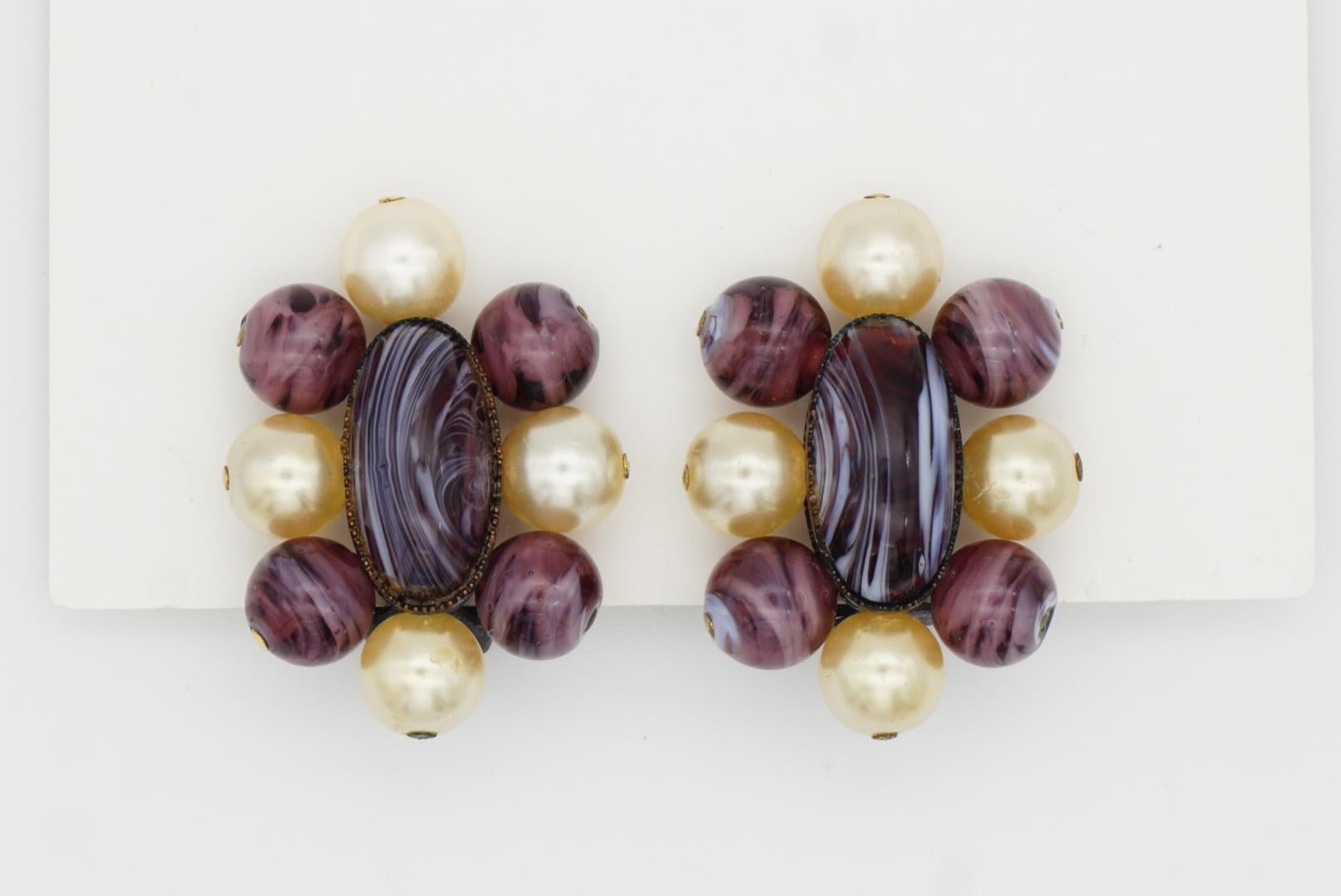 Christian Dior 1960 Vintage Oval Ball Purple Marble Floral White Pearl Earrings For Sale 4