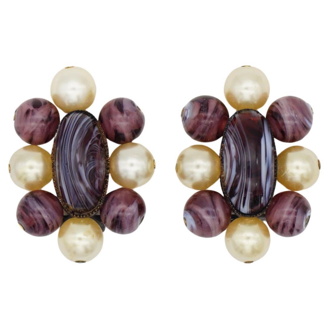 Christian Dior 1960 Vintage Oval Ball Purple Marble Floral White Pearl Earrings For Sale