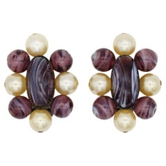 Christian Dior 1960 Pendientes Vintage Púrpura Blanco Bola Ovalada Mármol Floral Perla