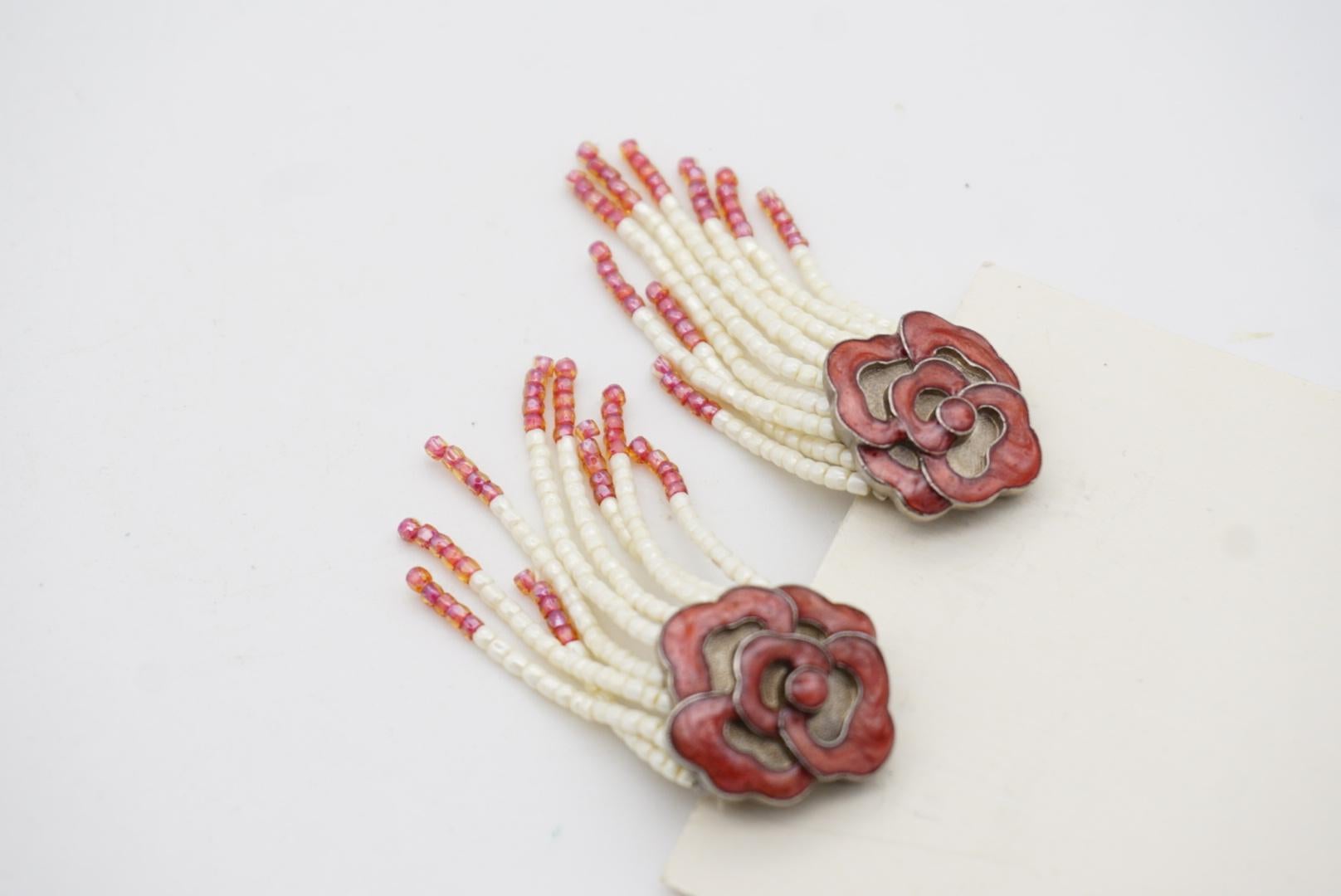Christian Dior 1960s Burgundy Rose Beaded Pearls Crystals Tassel Drop Earrings For Sale 6