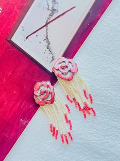 Christian Dior 1960s Burgundy Rose Beaded Pearls Crystals Tassel Drop Earrings