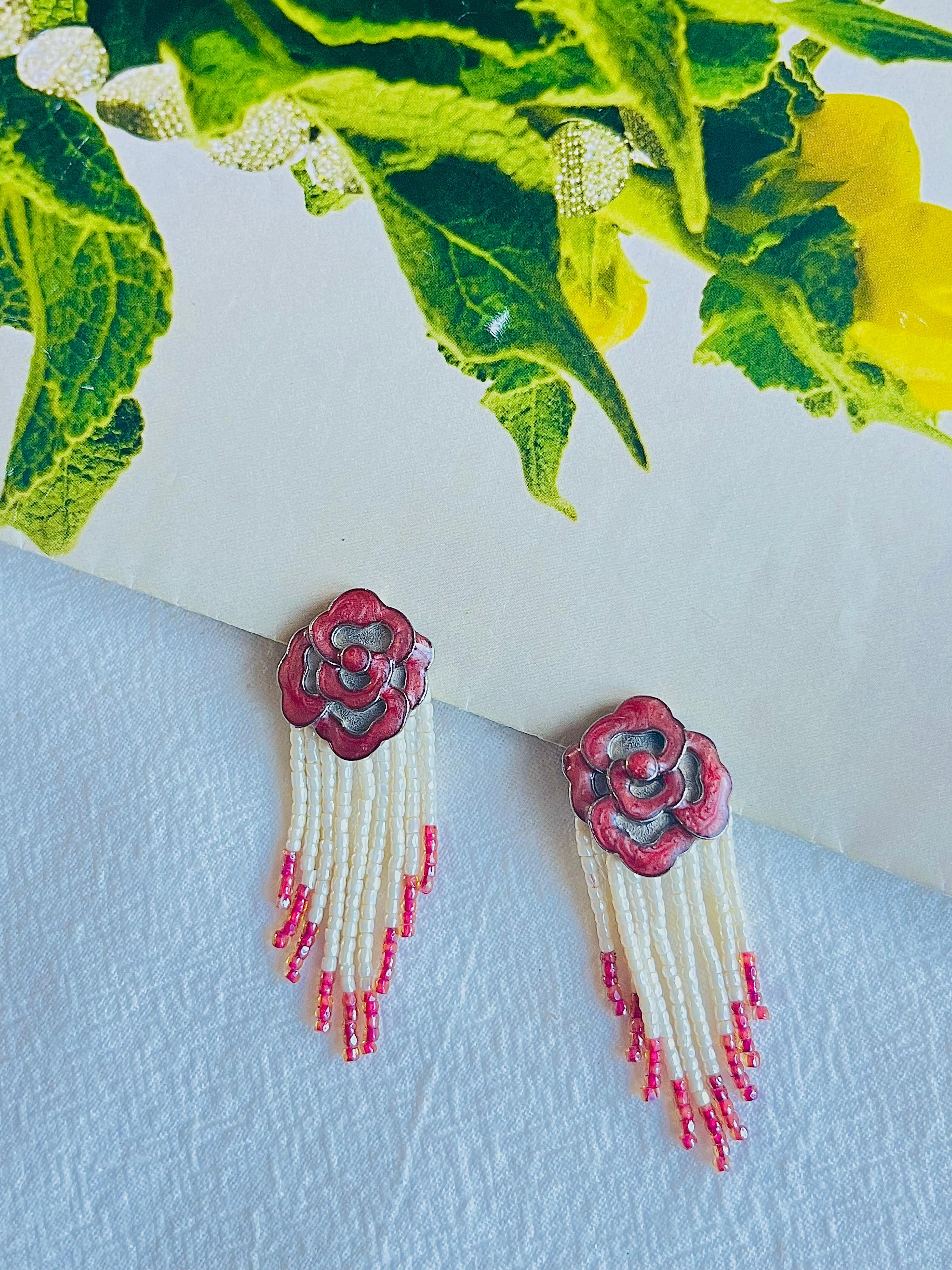 Christian Dior 1960s Burgundy Rose Beaded Pearls Crystals Tassel Drop Earrings In Excellent Condition For Sale In Wokingham, England