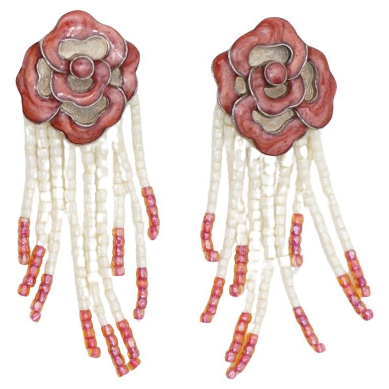 Christian Dior 1960s Burgundy Rose Beaded Pearls Crystals Tassel Drop Earrings For Sale