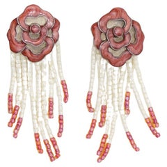 Christian Dior 1960s Burgundy Rose Beaded Pearls Crystals Tassel Drop Earrings