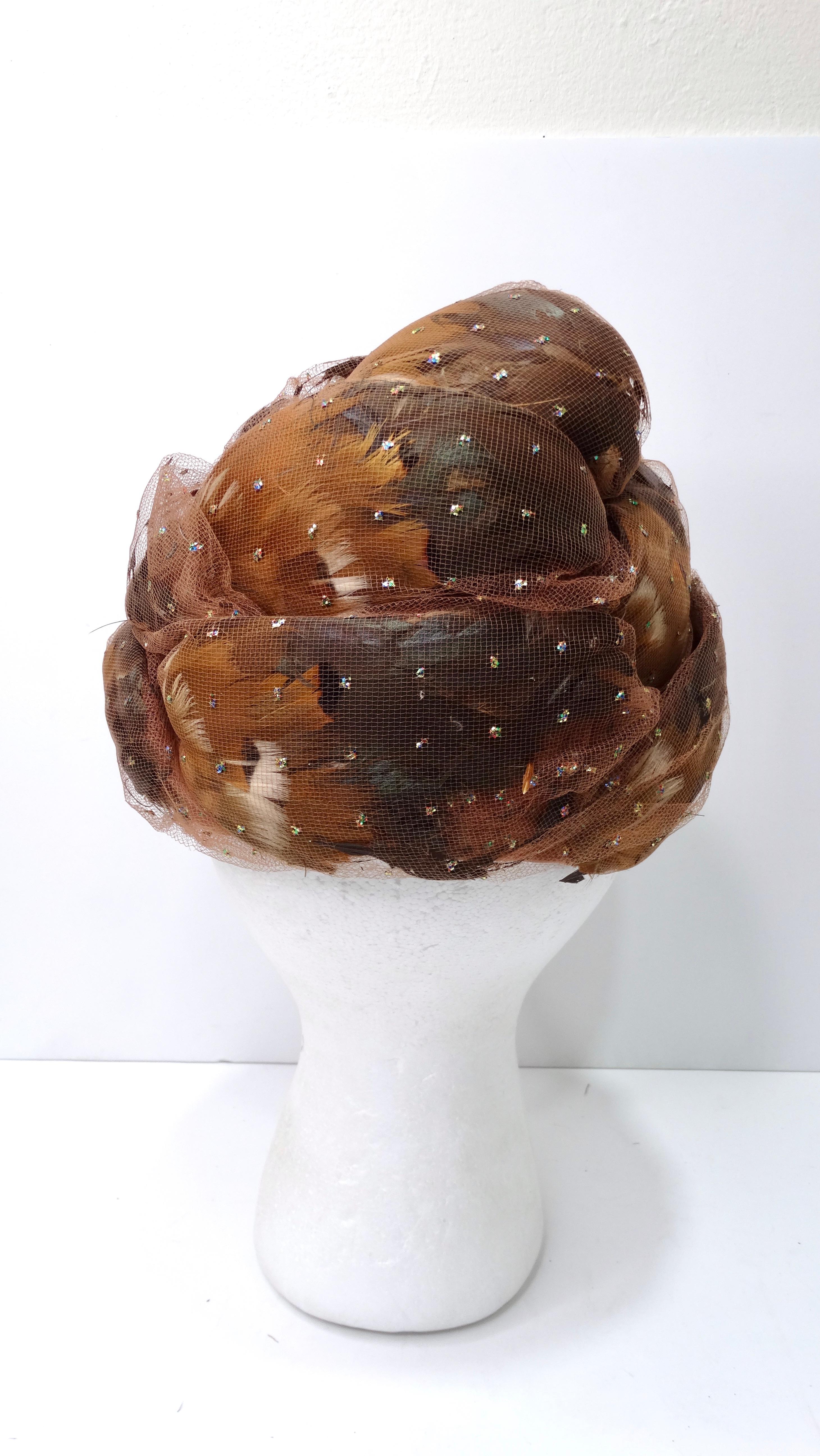 Brown Christian Dior 1960's Feather and Tulle Turban For Sale