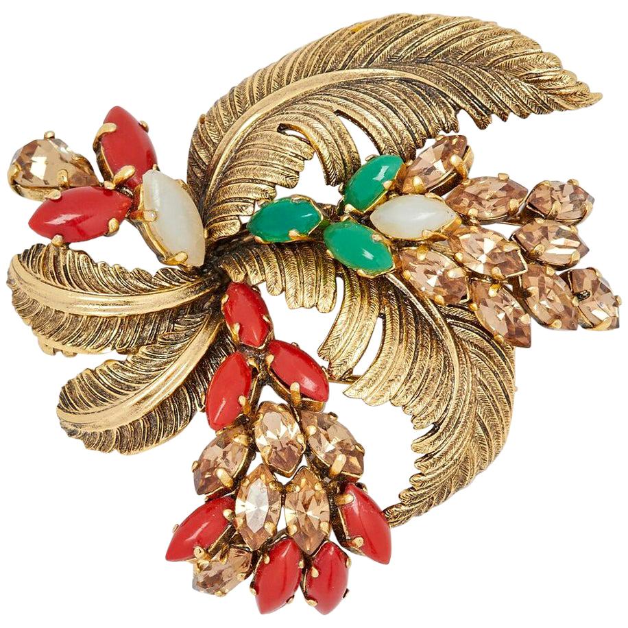 Christian Dior 1960s Feather Spray Brooch With Gemstone Detail