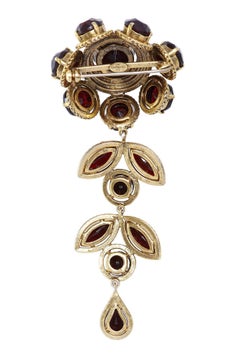 Christian Dior Large Flower Drop Brooch With Garnet Prong Set Rhinestones, 1960s