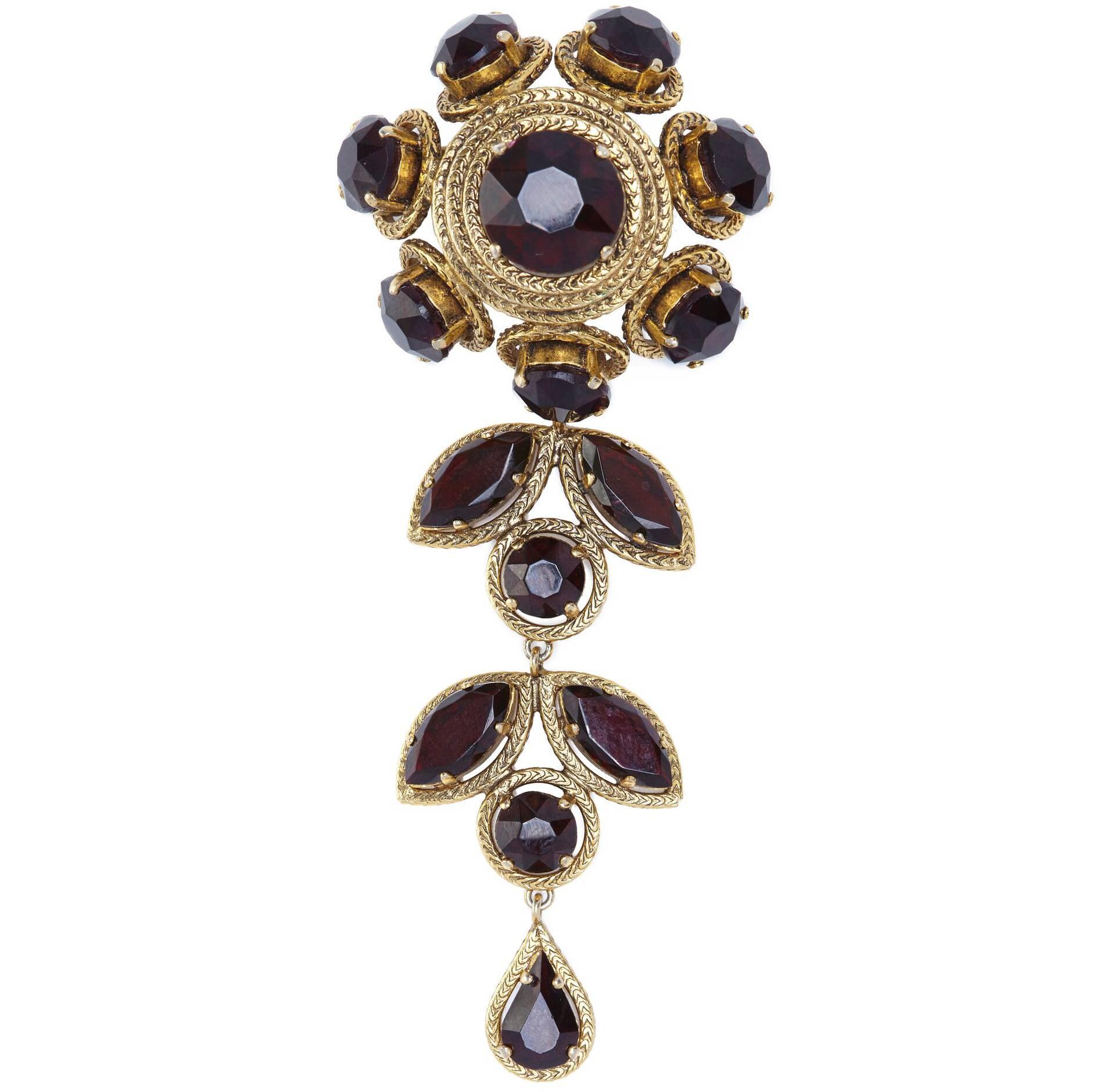 Christian Dior Large Flower Drop Brooch With Garnet Prong Set Rhinestones, 1960s