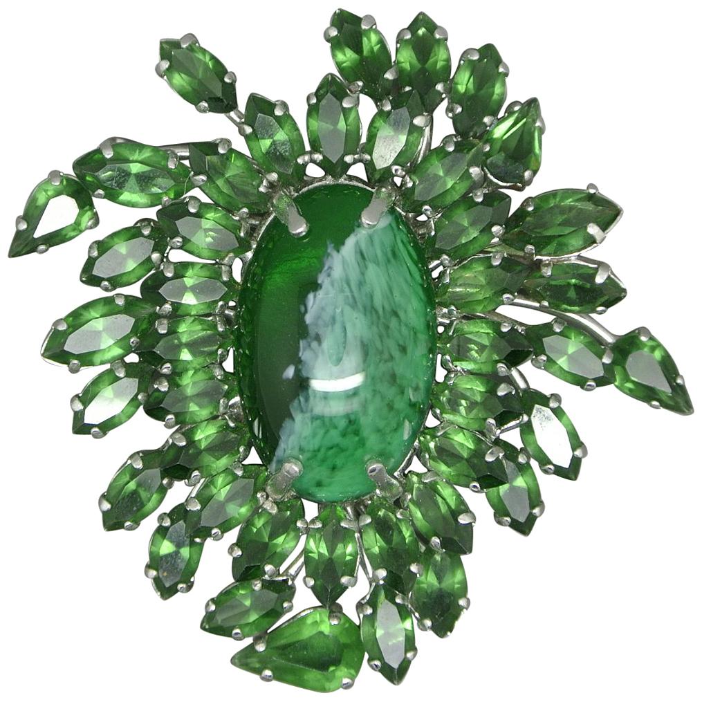 Christian Dior 1961 Green Crystal Large Stone Couture Brooch For Sale