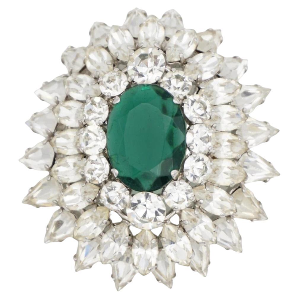 Christian Dior 1961 Large Emerald Trio Crystal Circle Tear Drop Marquise Brooch