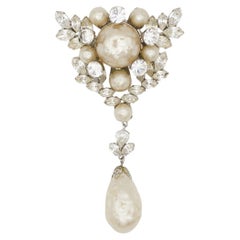 Christian Dior 1961 Vintage Large White Pearl Crystals Floral Water Drop Brooch