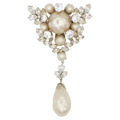 Christian Dior 1961 Vintage Large White Pearl Crystals Floral Water Drop Brooch