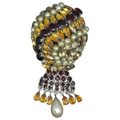 Christian Dior 1962 Red Citron Glass Faux Pearl Drops Balloon Brooch