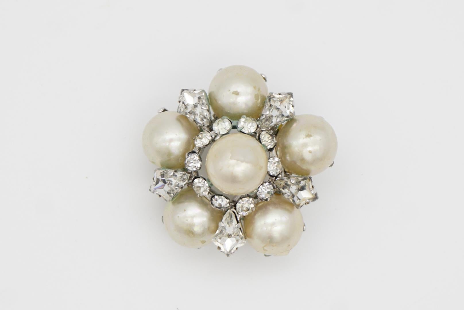 Christian Dior 1962 Vintage White Pearls Crystals Openwork Floral Dome Brooch 5