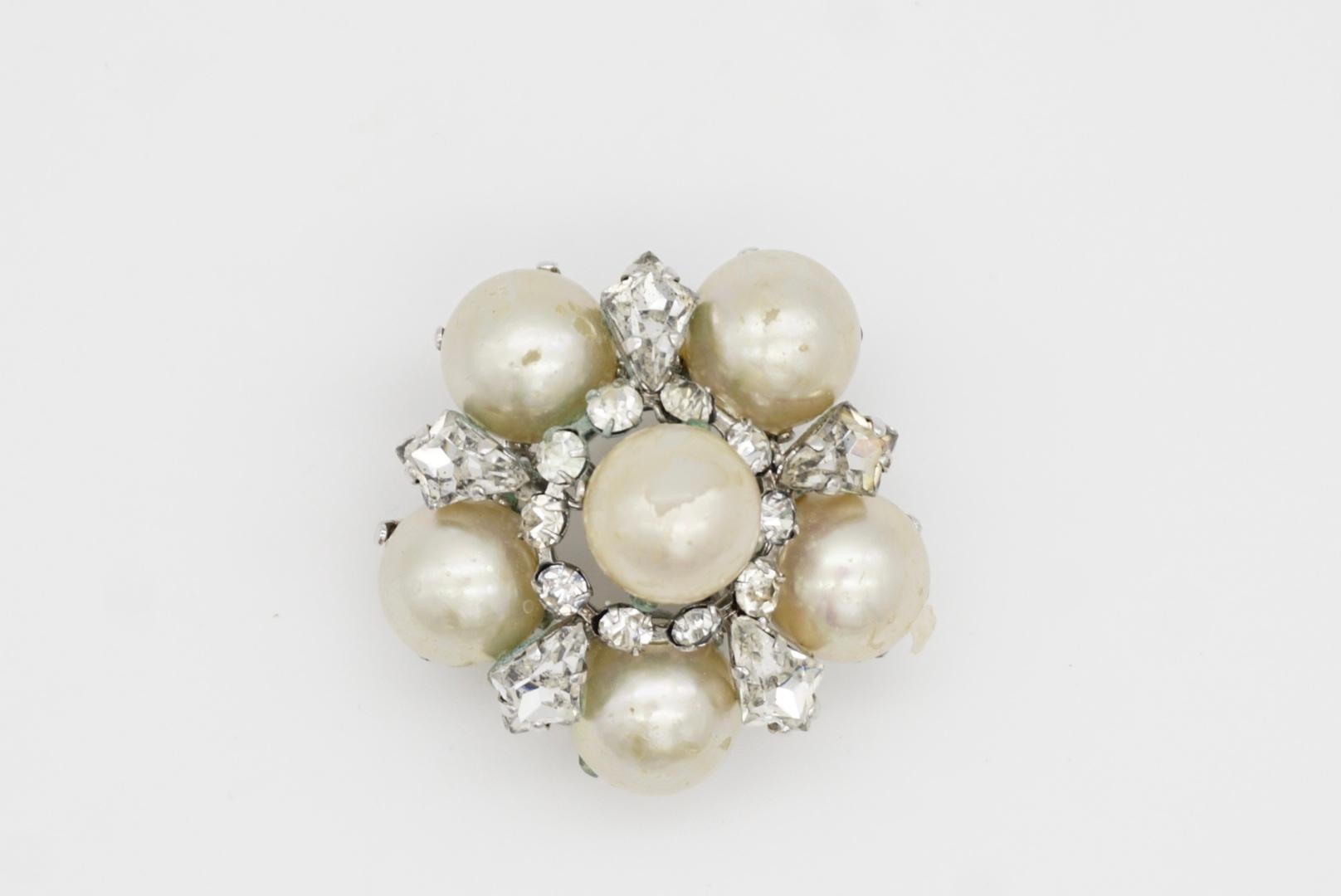 Christian Dior 1962 Vintage White Pearls Crystals Openwork Floral Dome Brooch 6