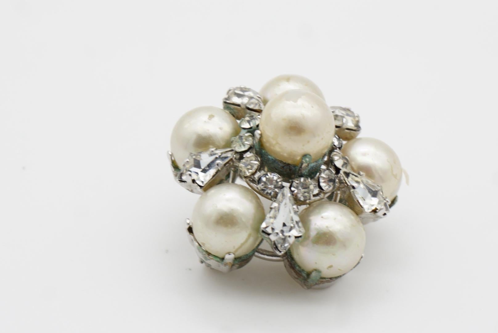 Christian Dior 1962 Vintage White Pearls Crystals Openwork Floral Dome Brooch 7