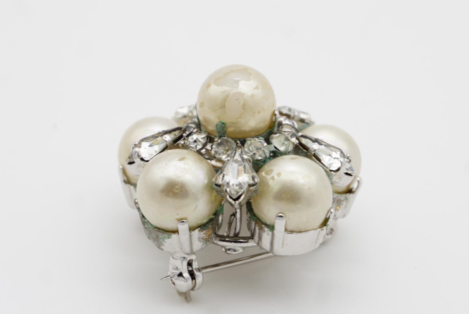 Christian Dior 1962 Vintage White Pearls Crystals Openwork Floral Dome Brooch 9