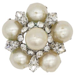 Christian Dior 1962 Vintage White Pearls Crystals Openwork Floral Dome Brooch