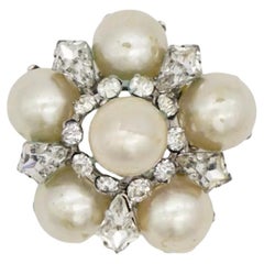 Christian Dior 1962 Vintage White Pearls Crystals Openwork Floral Dome Brooch