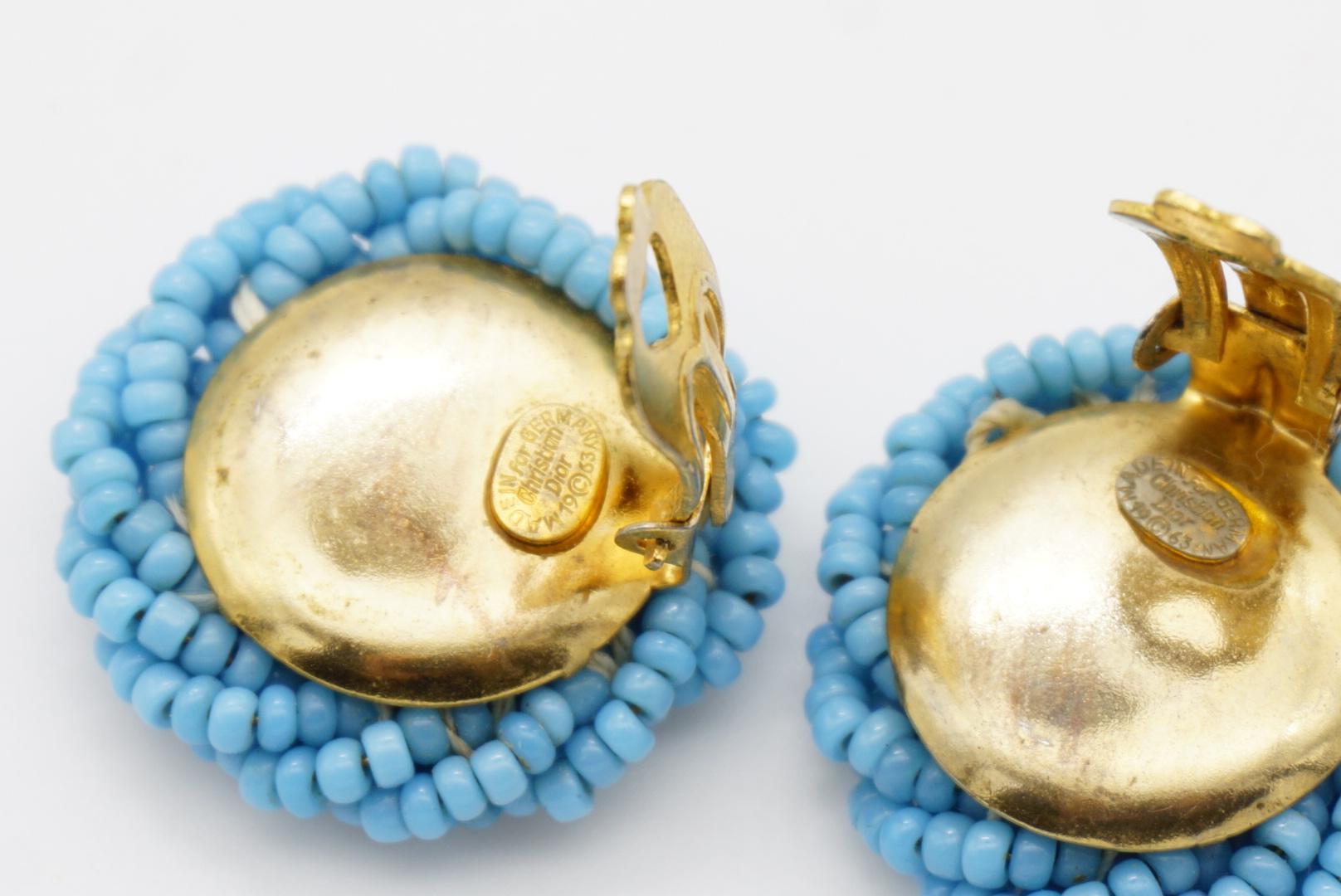 Christian Dior 1963 Vintage Beads Aqua Light Blue Twist Knot Circle Earrings 5