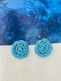 Christian Dior 1963 Vintage Beads Aqua Light Blue Twist Knot Circle Earrings