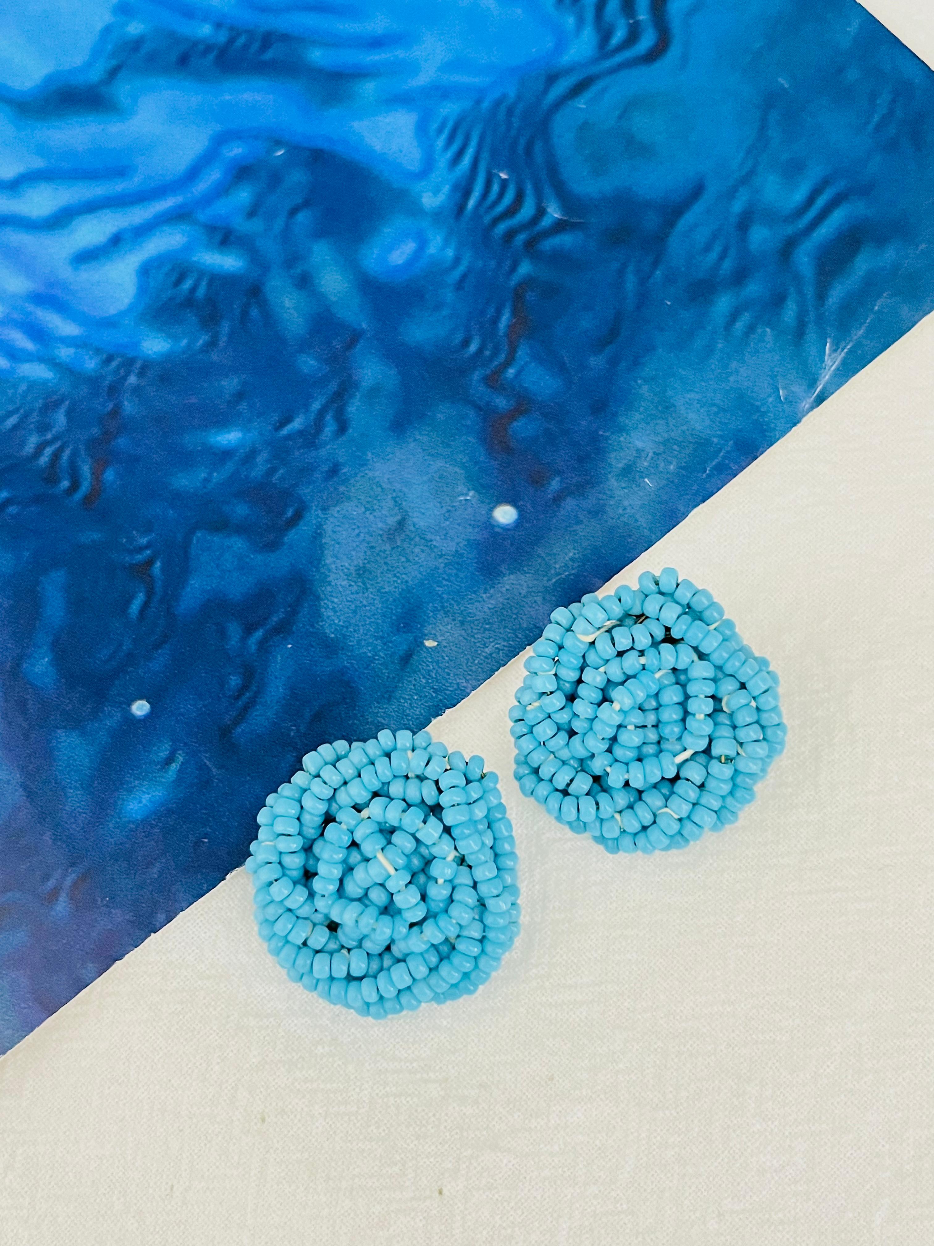 Art Deco Christian Dior 1963 Vintage Beads Aqua Light Blue Twist Knot Circle Earrings