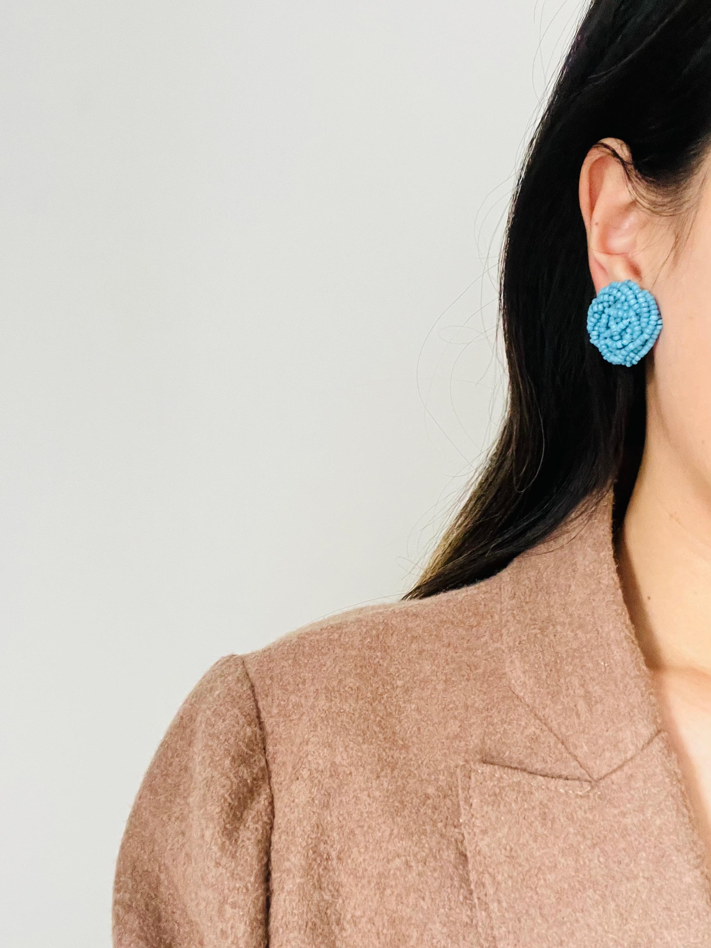 Christian Dior 1963 Vintage Beads Aqua Light Blue Twist Knot Circle Earrings In Good Condition In Wokingham, England